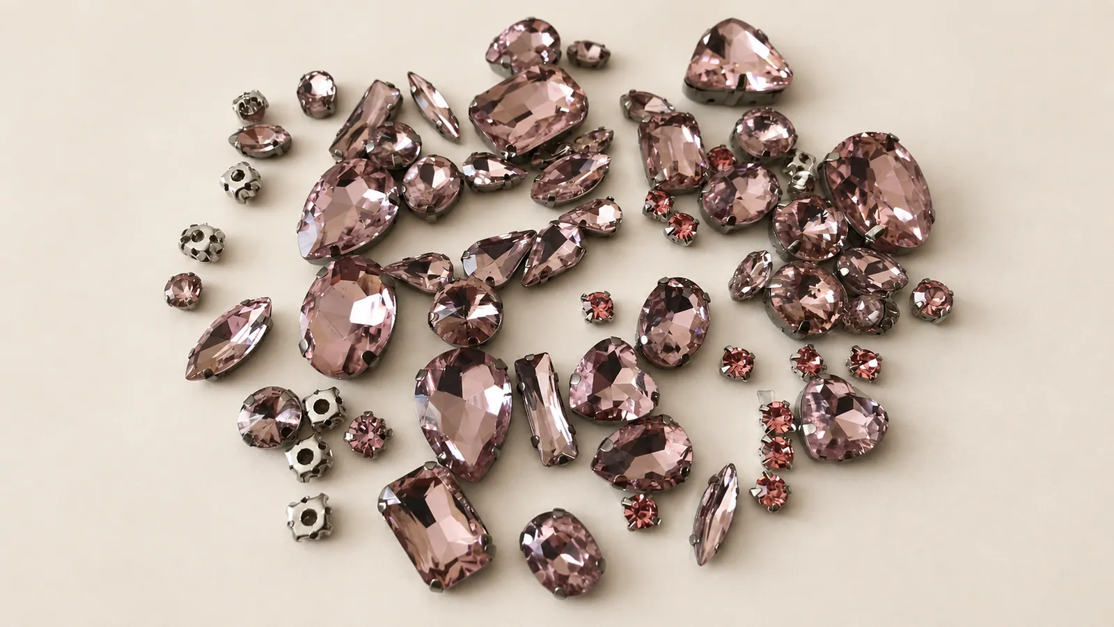 Mixed-Size Rhinestones. Smoky-rose stones in assorted cuts and sizes with visible settings. Source-based AI-edited visualization.