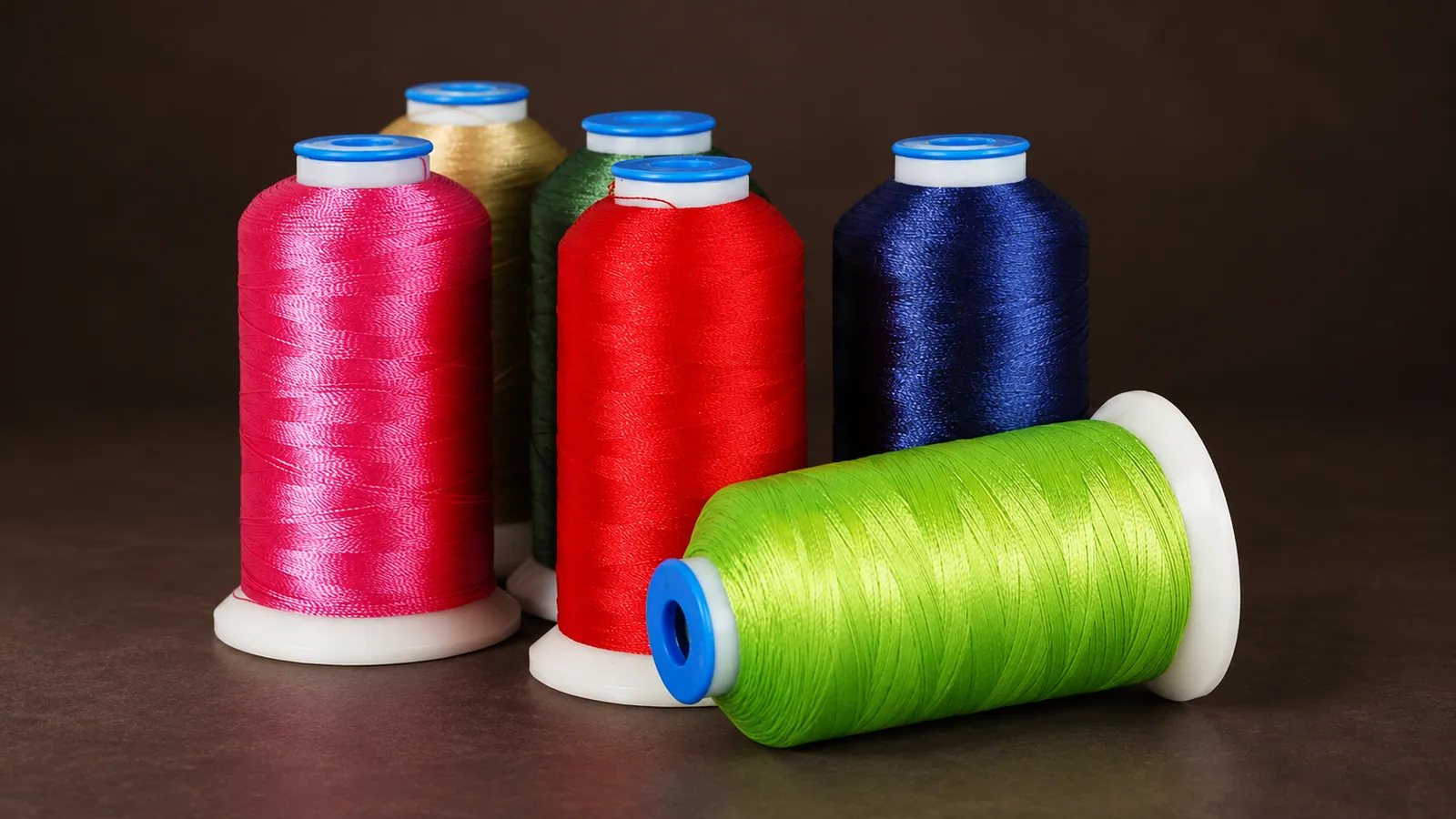 Rayon Embroidery Thread. Six bright-color thread cones with white cores and blue rims. Source-based AI-edited visualization.