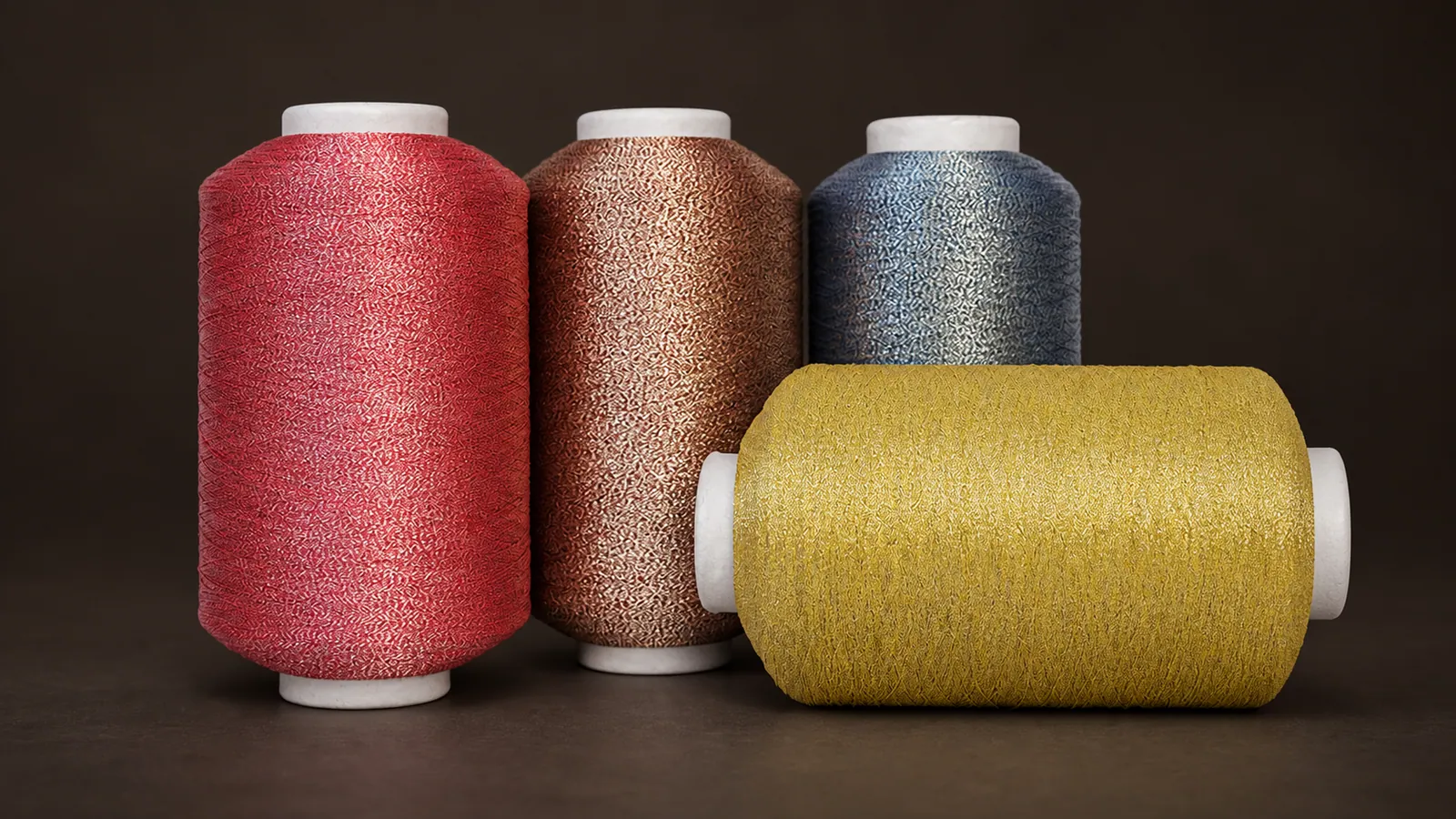 ST Type Metallic Yarn. Four metallic-yarn packages in red, bronze, steel-blue and gold appearances. Source-based AI-edited visualization.